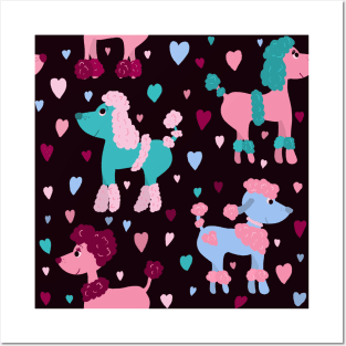 Colourful poodles with hearts repeat pattern Posters and Art